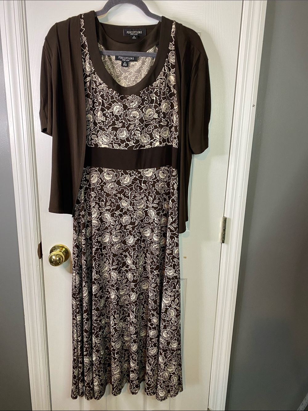 Perceptions Brown and Cream Floral A-line Dress with Bolero Size 8.